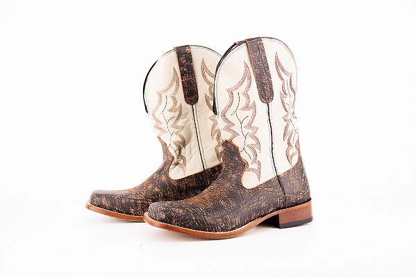Bota Masculina FYD Cor Saara Pinhão/ Marfim/ Solado em couro/ Bico Quadrado/ Cano Médio