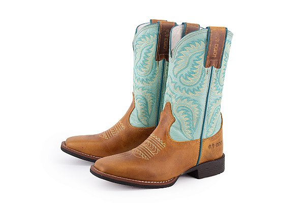 Bota Feminina Durango 0158 – Marrom com Verde Água, Bico Quadrado DGO Gel, Cano Médio e Solado Gel