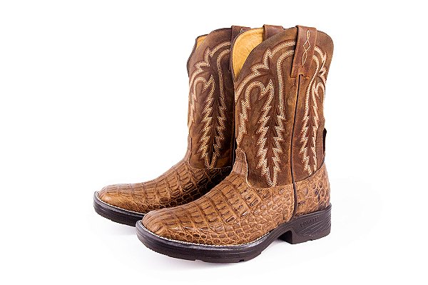 Bota Masculina Goyazes Exótica - Couro Exótico Jacaré/ Solado Jump/ Bico Quadrado/ Cano Médio/ Cor Jacaré Tabaco/ Furta Cor