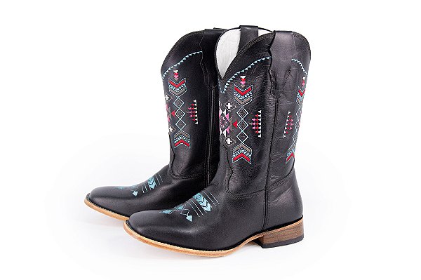Bota feminina Mr West B-77 898 Azul Fóssil preto / Fóssil preto Solado em couro Bico quadrado