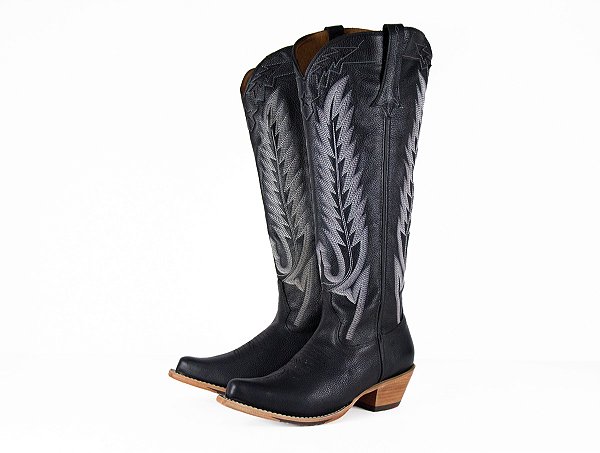 Bota Feminina Goyazes bico fino/cano bem longo com zíper lateral/cor Couro Bison Preto USA / Couro Bison Preto USA - 259802-CC
