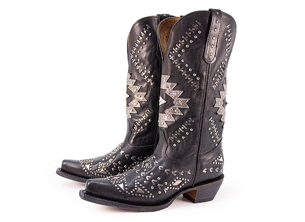 Bota Feminina Goyazes - Bico fino/ Solado couro/ Couro Mustang Preto 256801