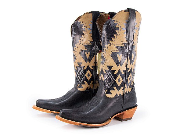 Bota Feminina Goyazes - Bico fino/ Solado couro/ Couro Mustang Preto Semi Areia 256803