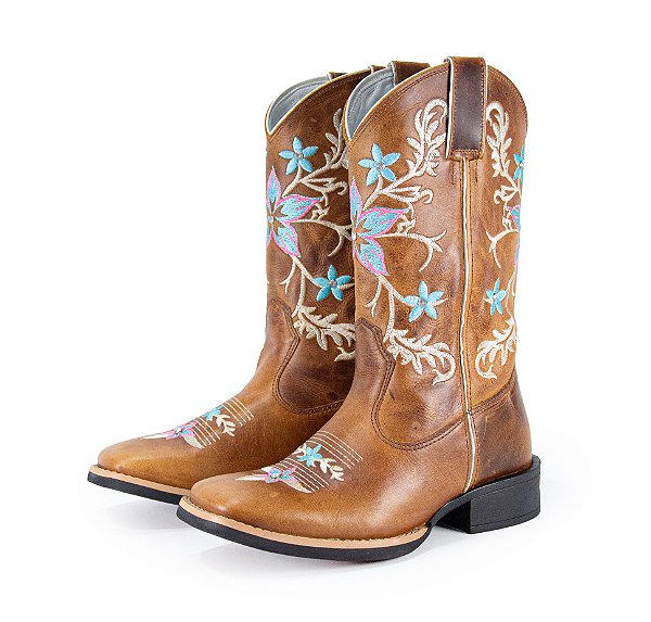 Bota Feminina Mr West Flor Azul e Preto/ Cano Médio Mostarda/ Fóssil Mostarda/ Solado Flex/ Bico Quadrado B75 1474