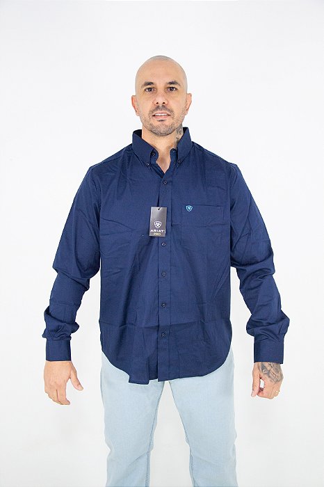 Camisa Masculina Ariat Manga Longa Azul Marinho bordado Azul Bebê