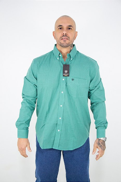 Camisa Masculina Ariat Manga Longa Verde Xadrez Bordado Preto
