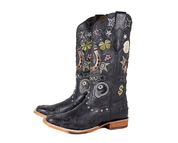 Bota feminina Goyazes Bico quadrado Solado em couro injetado - Café Cano médio Cor - Couro Argentino Preto / Couro Argentino Preto Cod fornecedor - 263201-CC_04
