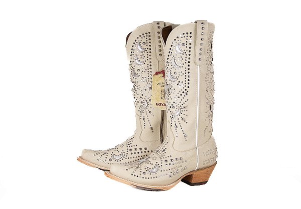 Bota feminina Goyazes Bico Fino Solado em couro injetado - Café Cano médio Cor - Austin Off White / Austin Off White Cod fornecedor - 269803-CC_02 Zíper lateral