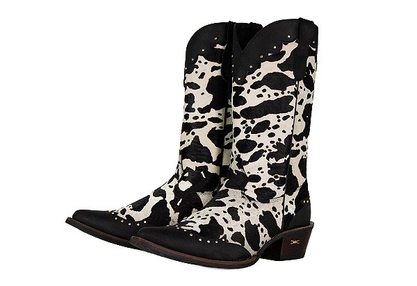 Bota feminina Jácomo Bico fino Cano médio Sola Borracha Ref: 90450/TBQC Cor: Fóssil Oil Preto / Pelo vaca Preto