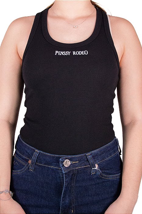 Regata Feminina Penssy Rodeo Aurora 2 - Preta Bordado Cinza