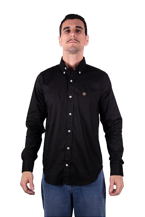Camisa Masculina Ariat - Manga Longa - Preto Liso/Ocre