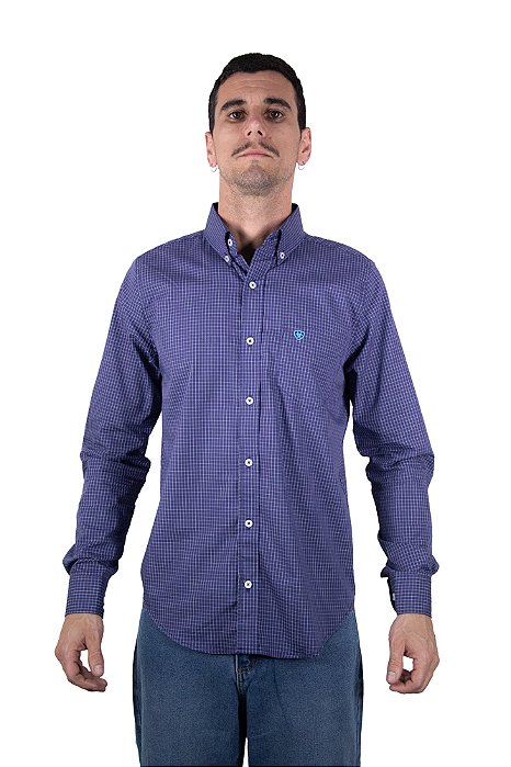 Camisa Masculina Ariat - Manga Longa - Marinho/Azul Neon