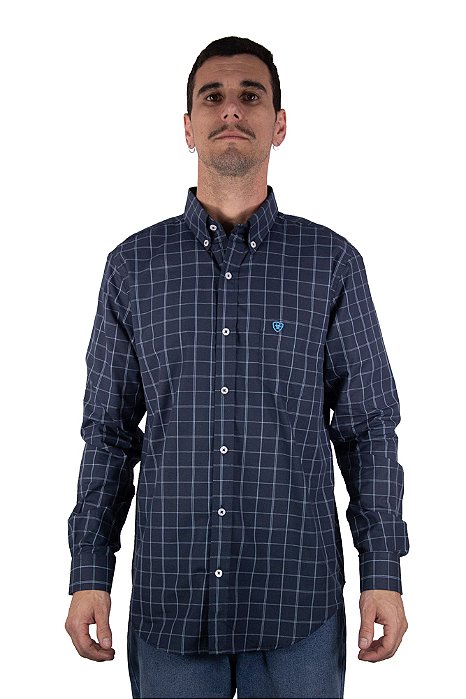 Camisa Masculina Ariat - Manga Longa - Marinho/Azul Neon