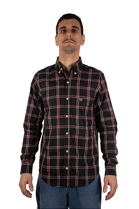 Camisa Masculina Ariat - Manga Longa - Preto Vermelho/Ocre
