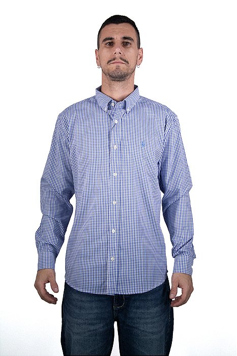 Camisa Masculina Pollo Ralph Lauren Xadrez Azul e Branco com Logo Azul