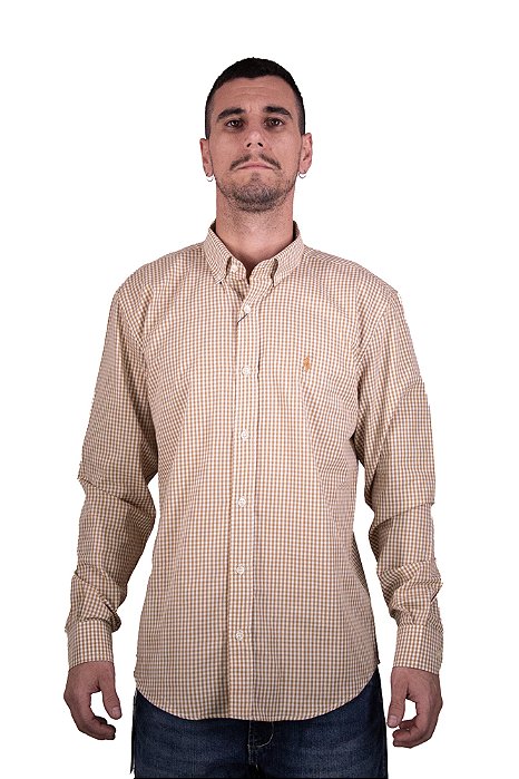 Camisa Masculina Pollo Ralph Lauren Xadrez Bege com Logo Bege