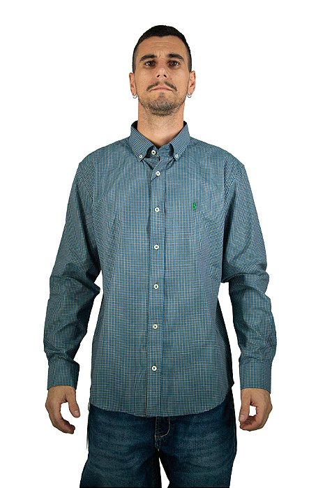 Camisa Masculina Pollo Ralph Lauren Xadrez Verde e Amarelo com Logo Verde