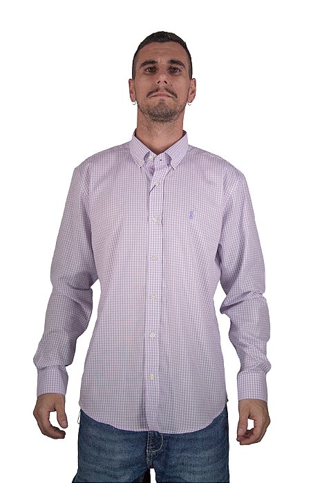 Camisa Masculina Pollo Ralph Lauren Xadrez Branco e Roxo com logo Roxo