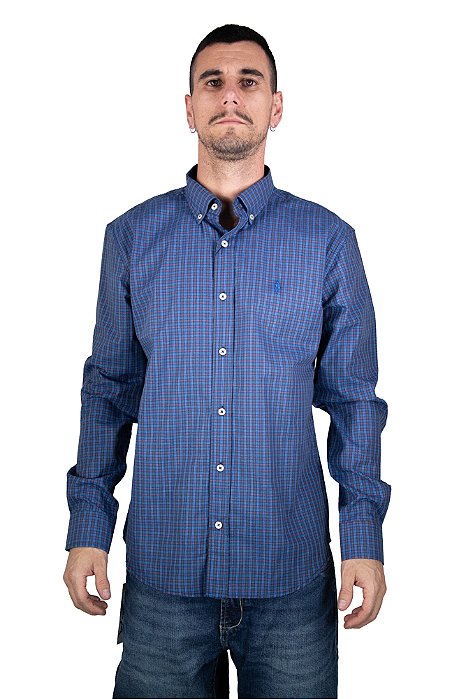 Camisa Masculina Pollo Ralph Lauren Xadrez Azul e Vermelho com Logo Azul