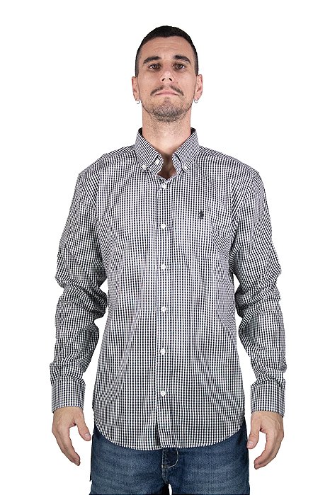 Camisa Masculina Pollo Ralph Lauren Xadrez Preto e Branco com Logo Preto