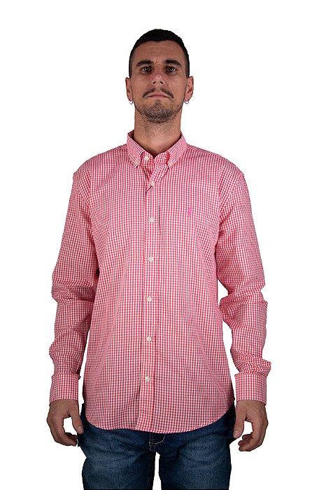 Camisa Masculina Pollo Ralph Lauren Xadrez Rosa e Branco com Logo Rosa Neon