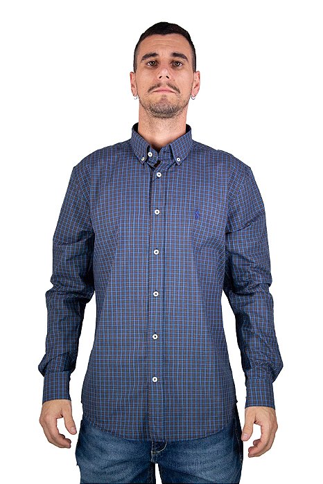 Camisa Masculina Pollo Ralph Lauren Xadrez Marinho e Marrom com Logo Marinho