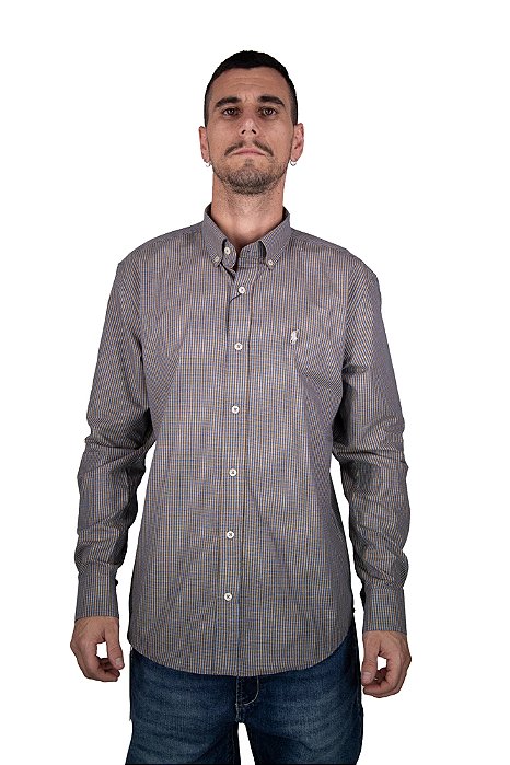 Camisa Masculina Pollo Ralph Lauren Xadrez Amarelo e Azul Logo Cinza