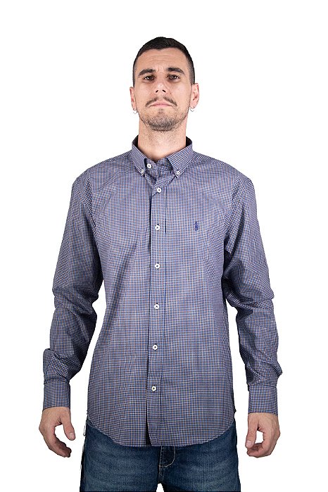 Camisa Masculina Pollo Ralph Lauren Xadrez Azul e Amarelo com Logo Marinho