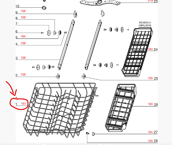 Cesto superior completo Lava Louças Electrolux Código: A17706701 Original