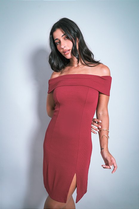 Vestido Curto Canelado Ombro a Ombro