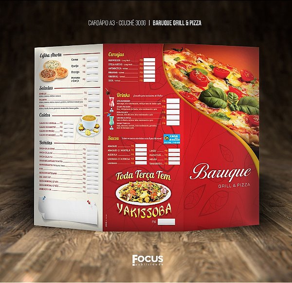 Cardápio 30x42cm com 02 Vincos - Couchê 300g - Laminação Fosca - 2 vincos - 25 un.