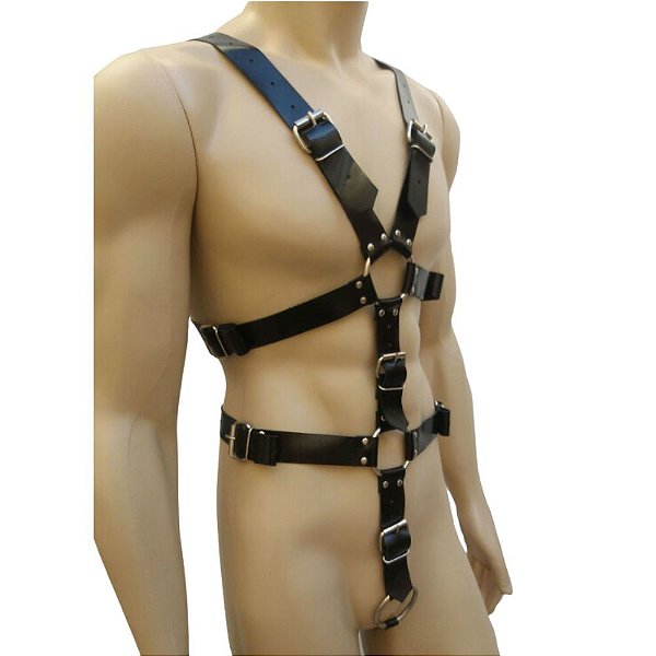 FETICHE COURO HARNESS TIRAS LARGAS E FIVELAS BY020 PRETO