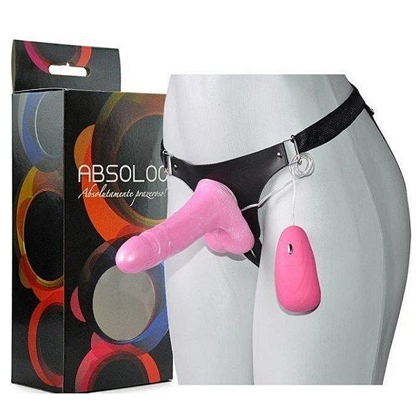 PRÓTESE PARA CINTA COM ESCROTO E VIBRO ROSA PEROLADO ABSOLOO