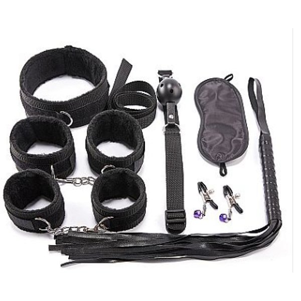 Kit Sado Bondage 8 Itens (Coleira, Guia, Venda, Mordaça, Algema e Chicote) - Preto - 8115