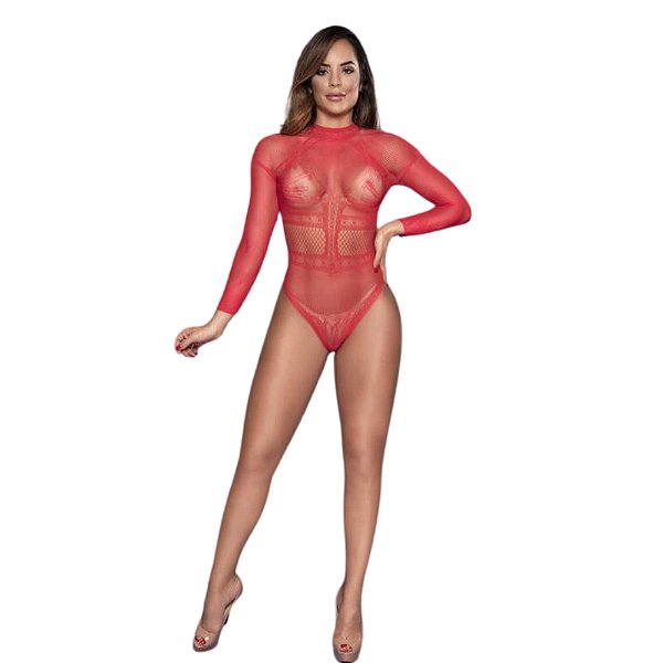 LINGERIE YAFFA BODY COM MANGA Y6467 VERMELHO U