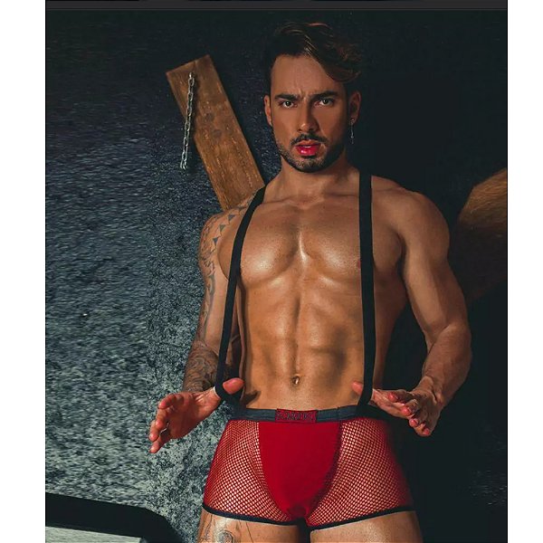 FANTASIA MASCULINA CHAMA O BOMBEIRO CUECA E SUSPENSORIO PRETO/VERMELHO M