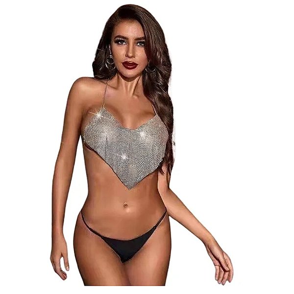 Top Cropped Super LUXO todo no strass - Prata - YSJK8184314
