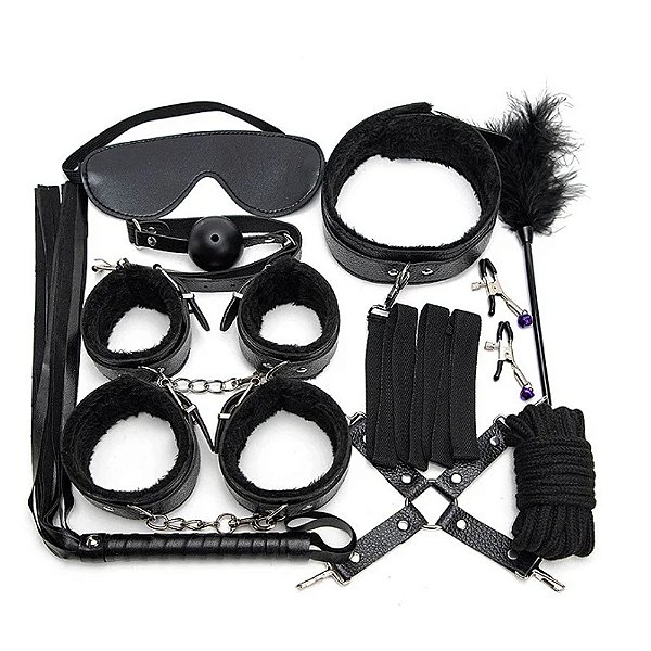 Kit Sado Erótico 10 Produtos Algemas Amarras Venda Chicote Coleira Grampos Mordaça Pena - Bandage SET BLACK - 8115