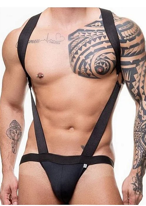 Body Masculino Harness em Suplex - Preto -