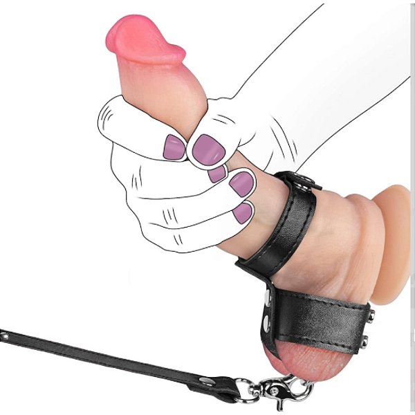 Anel Peniano de Couro para Bondage Sexual BDSM com Coleira e Guia