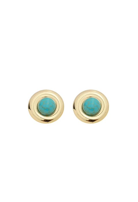 Brinco Redondo Médio Com Pedra Turquesa Natural • Banhado a Ouro 18k
