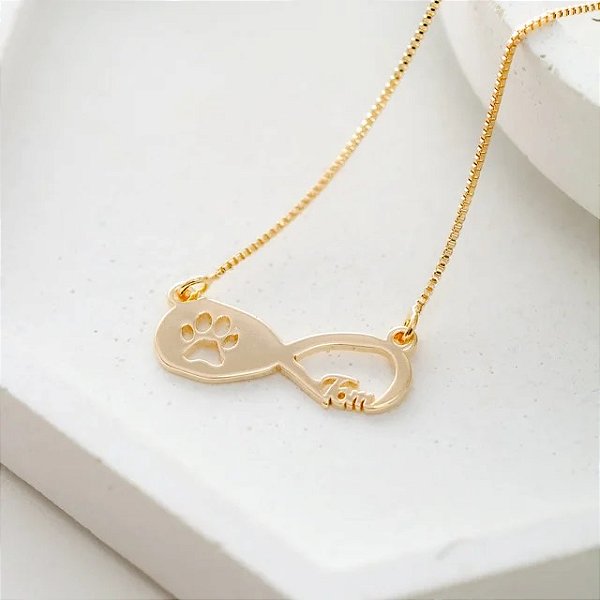 Colar Infinito com Patinha e Nome de Pet - Banhado a Ouro 18k