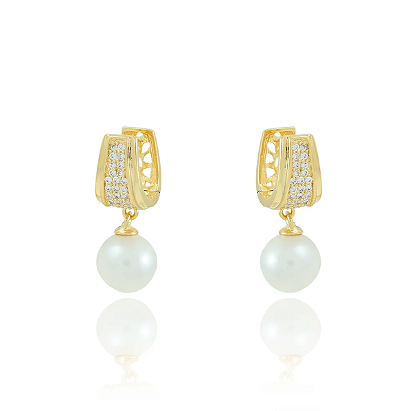 Brinco de Pérola com Argola Articulada e Zircônias – Clássico com Brilho Sofisticado
