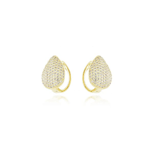 Brinco Argola Articulada Gota Cravejada Zircônia Banhada a Ouro