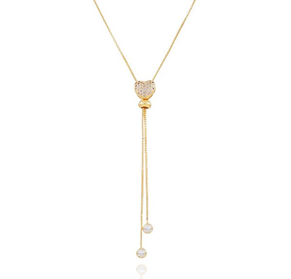 Colar Gravatinha de Coração Cristal • Banhado a Ouro 18k