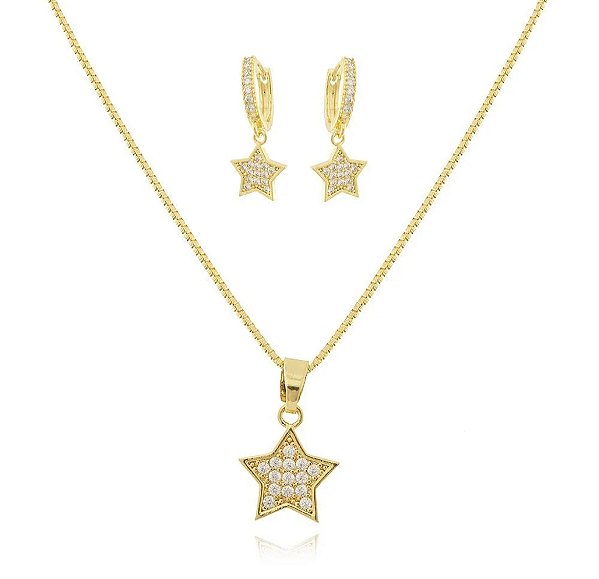 Conjunto Estrela Cravejada • Banhado a Ouro 18k