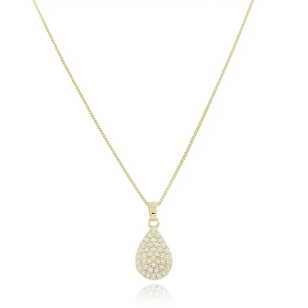 Colar Gota Cravejado De Zircônias Cristais (45cm+5cm) • Banhado a Ouro 18k