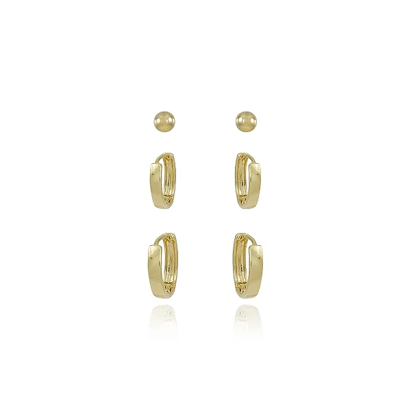 Trio De Brincos De Argolas Articuladas Texturizadas (10mm/12mm/14mm) • Banhado a Ouro 18k