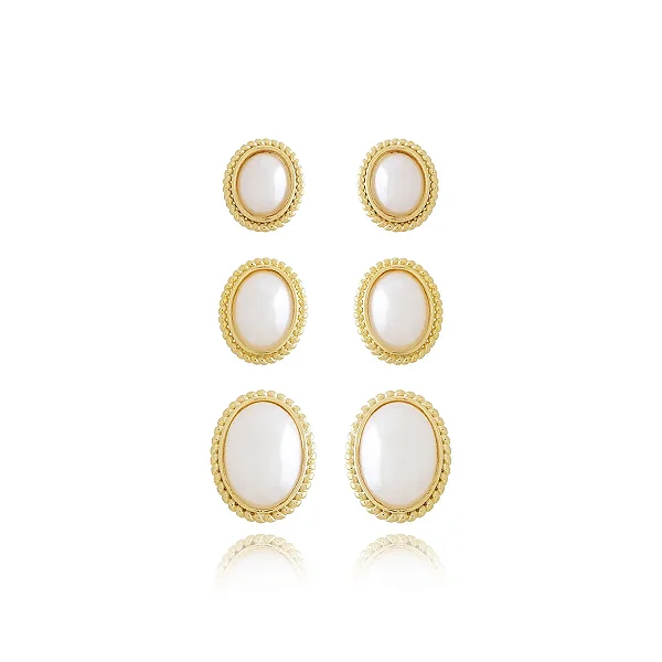 Trio-1301-Do Trio De Pérolas Oval. 14mm/18mm/22mm • Banhado a Ouro 18k