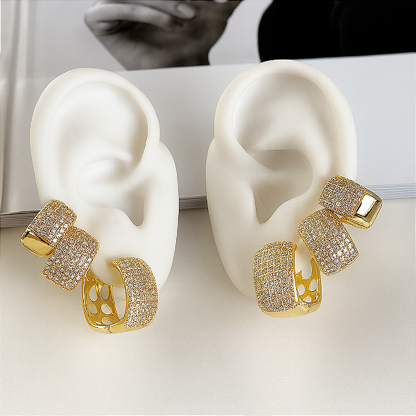 Trio Argolas Luxo Cravejadas • Banhada a ouro 18k